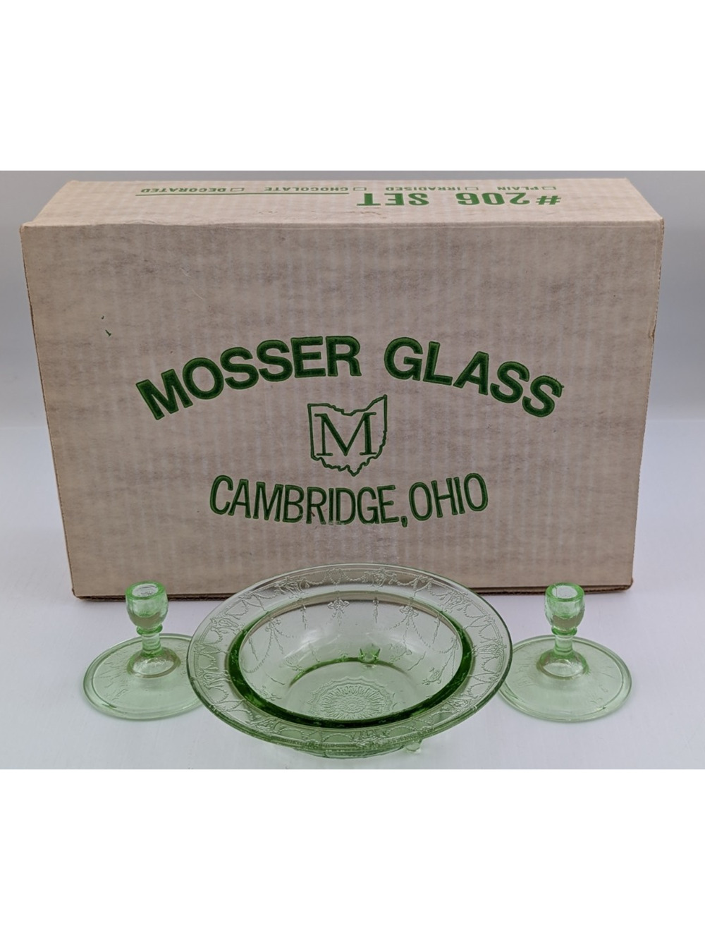 Vintage Mosser Green Glass Miniature Jennifer Set #6 - Bowl and Candlesticks